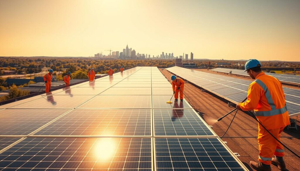 A vibrant solar panel cleaning service captured in a wide-angle shot. In the foreground, a team of technicians in bright uniforms meticulously scrubbing the gleaming solar panels, using specialized tools and eco-friendly cleaning solutions. The mid-ground reveals the expansive rooftop installation, the panels arranged in a symmetrical grid, casting long shadows under the warm, golden sunlight. In the background, the skyline of Nashua, New Hampshire, with its iconic landmarks and lush greenery, creates a picturesque urban landscape. The scene conveys a sense of efficiency, sustainability, and pride in the community's commitment to renewable energy.