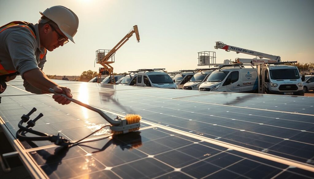 A well-equipped solar panel cleaning service crew, in a sun-drenched outdoor setting. In the foreground, a worker meticulously scrubs the solar panels with a specialized cleaning solution and a soft-bristle brush, ensuring maximum efficiency. In the middle ground, a high-reach cleaning apparatus stands ready, its mechanical arm poised to access hard-to-reach areas. In the background, a fleet of service vehicles, their logos proudly displayed, convey a sense of professionalism and reliability. Warm, golden lighting illuminates the scene, accentuating the gleaming panels and the dedication of the workers. The overall atmosphere radiates expertise, attention to detail, and a commitment to optimizing solar panel performance.