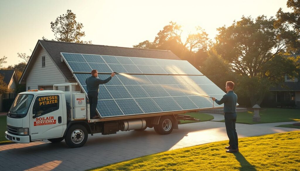 A well-equipped solar panel cleaning service truck parked in a residential driveway, with two technicians in uniforms carefully cleaning a large solar array on a modern two-story home using specialized brushes and purified water. The scene is bathed in warm afternoon sunlight, creating long shadows and highlighting the gleaming, spotless solar panels. In the background, a neatly manicured lawn and mature trees suggest a peaceful suburban setting. The overall atmosphere conveys professionalism, attention to detail, and a commitment to maintaining the optimal performance of the solar installation.