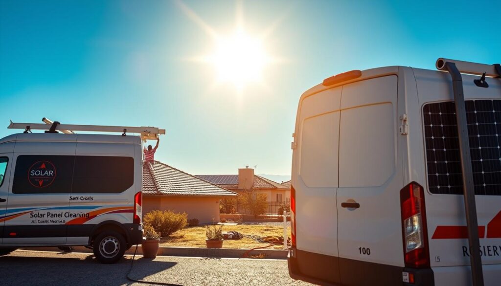A well-equipped solar panel cleaning service van parked in the foreground, its logo prominently displayed. In the middle ground, a team of professional cleaners methodically scrubbing and wiping down solar panels installed on the rooftops of residential homes, ensuring maximum efficiency. The background reveals the expansive blue sky and sun-drenched landscape of Roswell, New Mexico, creating a serene and picturesque setting. Bright, warm lighting illuminates the scene, conveying a sense of diligence and expertise in the solar panel maintenance industry.