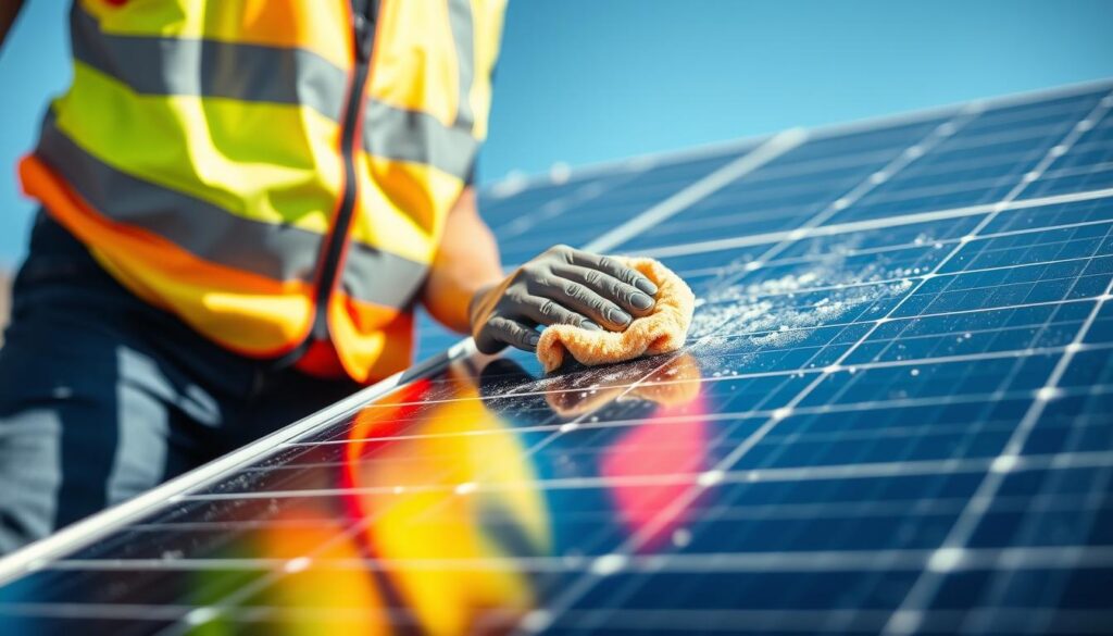 A well-lit, closeup view of a professional solar panel cleaning service in action in Covington, KY. In the foreground, a technician in a safety vest is carefully wiping down the surface of a solar panel with a soft microfiber cloth, removing any dirt, debris or grime. The panel is angled to capture the optimal sunlight, with a clear blue sky visible in the background. The scene conveys a sense of expertise, attention to detail and a commitment to maintaining the efficiency and performance of the solar energy system.