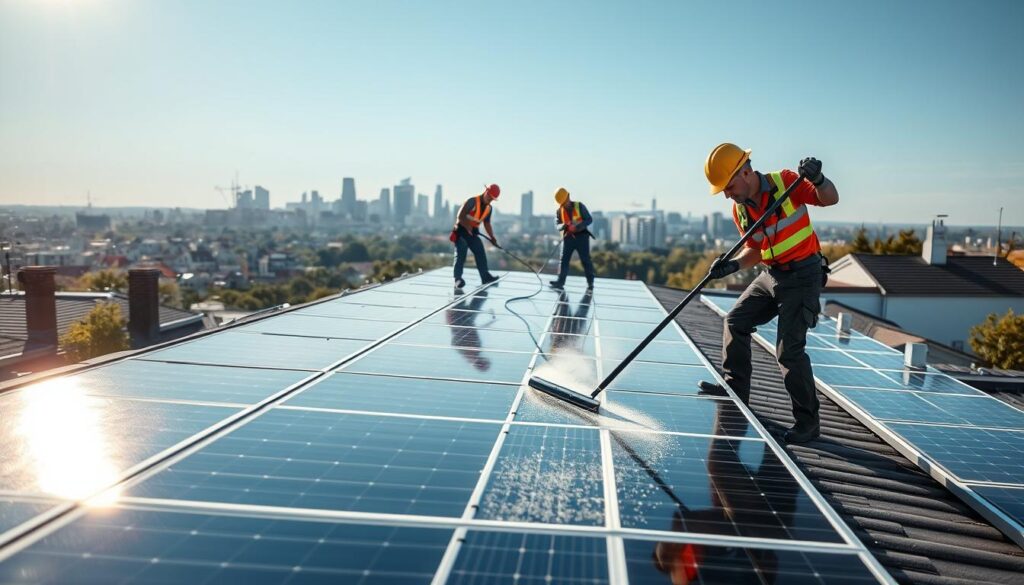 A well-lit commercial solar panel cleaning service crew working diligently on the rooftop of a residential home in Quincy, MA. In the foreground, a technician carefully wipes down the solar panels with a squeegee, ensuring maximum efficiency. In the middle ground, another worker uses a high-pressure washer to remove built-up grime and debris. The background features the picturesque skyline of Quincy, with the sun's rays reflecting off the clean, gleaming solar panels. The overall mood is one of professionalism and attention to detail, perfectly capturing the essence of a reliable solar panel cleaning service in the area.