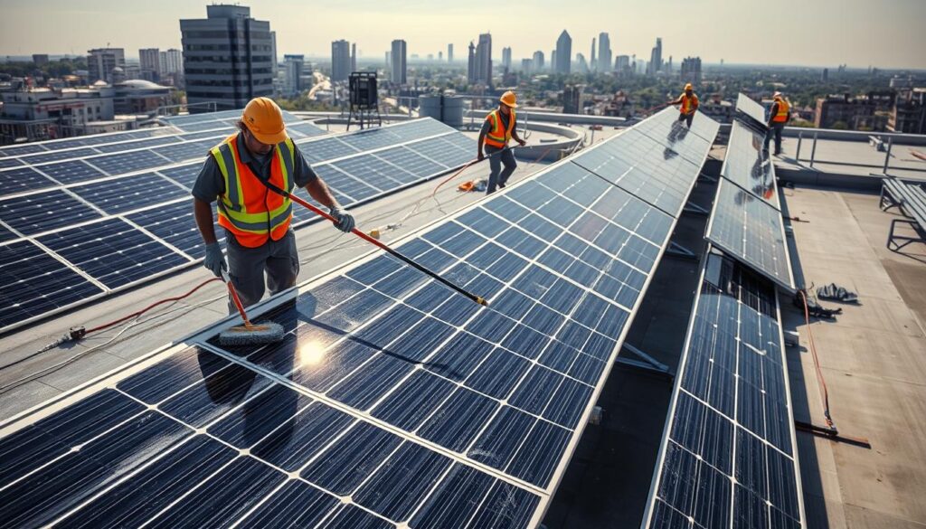 A well-lit, high-angle shot of a commercial solar panel array on the rooftop of a modern office building in Birmingham, AL. The panels are being carefully cleaned by a team of technicians using specialized equipment and cleaning solutions. The foreground features a worker in a safety vest scrubbing a panel, while in the middle ground, another technician uses a long-handled squeegee to wipe down a row of panels. The background showcases the city skyline, hinting at the commercial and industrial nature of the setting. The lighting is crisp and even, casting long shadows and highlighting the delicate textures of the solar panels. The overall mood is one of diligence and attention to detail, reflecting the importance of proper solar panel maintenance.
