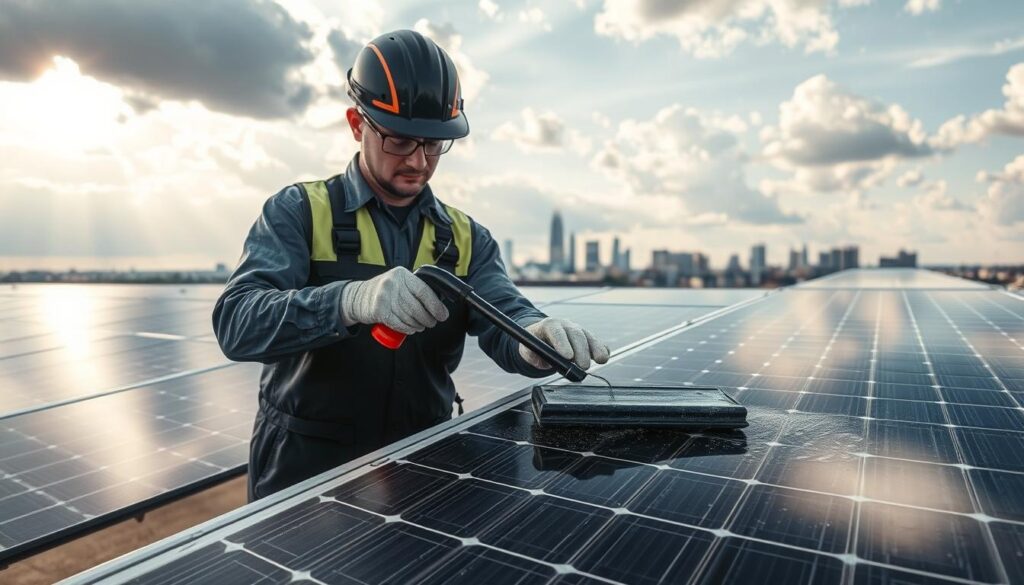 A well-lit, high-quality photograph of solar panels being cleaned by a professional technician in Providence, RI. The foreground shows the technician carefully using a squeegee and cleaning solution to remove dirt and debris from the panel surface. The middle ground depicts the entire solar array, showcasing its scale and installation. The background features the Providence skyline, with sun rays peeking through clouds, highlighting the renewable energy benefits. The image has a balanced, professional tone that emphasizes the attention to detail and care required for effective solar panel maintenance in the region.