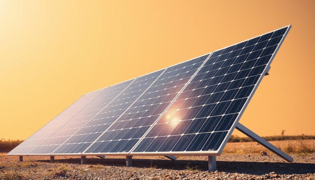 A well-lit, high-resolution image of clean, gleaming solar panels. The panels are positioned at a slight angle, casting crisp shadows on the ground below. The background is a clear, cloudless sky with a warm, golden hue, suggesting a sunny day. The panels are free of debris, dust, or any obstructions, reflecting the sunlight with a pristine, mirror-like finish. The scene conveys a sense of efficiency, sustainability, and environmental responsibility, highlighting the importance of proper solar panel maintenance for optimal energy production.