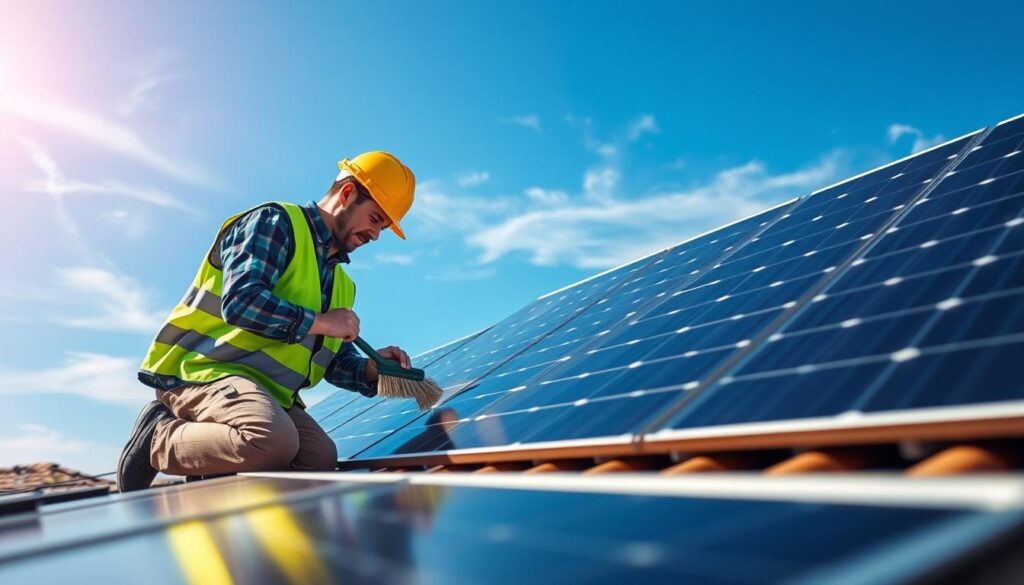 A well-lit, high-resolution photograph of a worker in a yellow safety vest and hard hat, kneeling down to inspect and clean the solar panels on a residential rooftop, against a clear blue sky with a few wispy clouds. The panels are positioned at an optimal angle, with sunlight reflecting off their glossy surfaces. The worker is using a soft brush and a rag to gently wipe the panels, ensuring they are free of dust and debris. The image conveys the importance of regular solar panel maintenance for maximum energy efficiency and uninterrupted power generation.