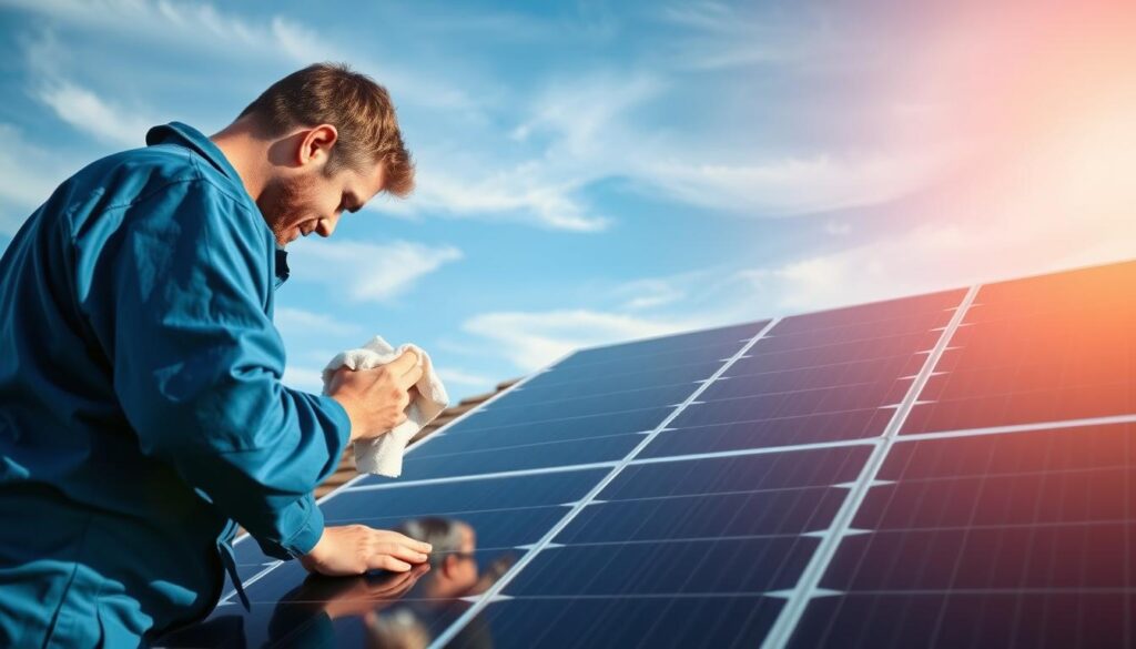 A well-lit outdoor scene of a technician performing routine solar panel maintenance. In the foreground, a person in a blue jumpsuit inspects the surface of a residential rooftop solar array, using a soft cloth to gently wipe away accumulated dust and debris. Midground, the sleek, black solar panels are angled towards the sun, their surfaces gleaming in the bright, directional lighting. In the background, a clear blue sky with wispy clouds sets the tranquil, serene atmosphere. The overall scene conveys the importance of regular maintenance to keep solar panels operating at peak efficiency.