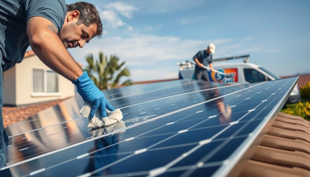 A well-lit residential rooftop with a team of professional solar panel cleaners at work. In the foreground, a technician carefully wiping down a solar panel with a microfiber cloth, meticulously removing dirt and debris. In the middle ground, another worker using a long-handled squeegee to clean the panels, ensuring a streak-free finish. In the background, a work van with the company's logo prominently displayed, signifying a professional, full-service solar panel cleaning operation. The scene conveys a sense of attention to detail, efficiency, and a commitment to maintaining optimal solar panel performance.