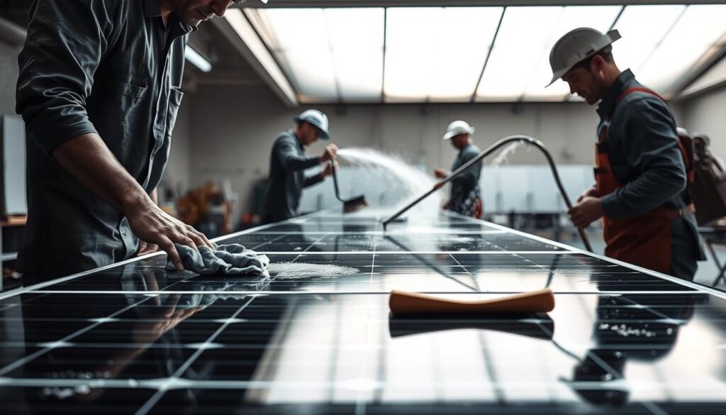 A well-lit workshop interior with a team of technicians carefully cleaning solar panels using various methods. In the foreground, a worker gently wiping down a panel with a microfiber cloth, while in the middle ground, another is using a long-handled brush to scrub the surface. In the background, a technician is operating a high-pressure water hose to rinse away dirt and debris. The lighting is bright and diffused, creating a clean, professional atmosphere. The solar panels are the focal point, showcasing the meticulous attention to detail required for effective solar panel maintenance.