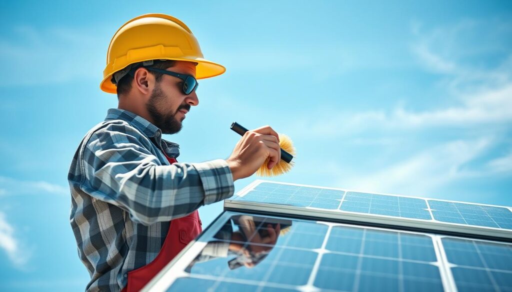 A worker inspecting and carefully cleaning the surface of a solar panel using a soft-bristle brush and a squeegee under the bright midday sun. The panel is mounted on a sturdy metal frame with a clear blue sky and wispy clouds in the background. The worker's movements are deliberate and focused, ensuring every inch of the panel is thoroughly cleaned to maximize its efficiency. The scene conveys a sense of diligence and attention to detail, underscoring the importance of proper solar panel maintenance.
