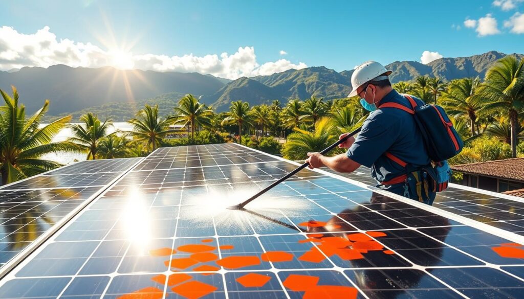 An image of Pacific Panel Cleaners' technicians cleaning solar panels in Kailua, HI