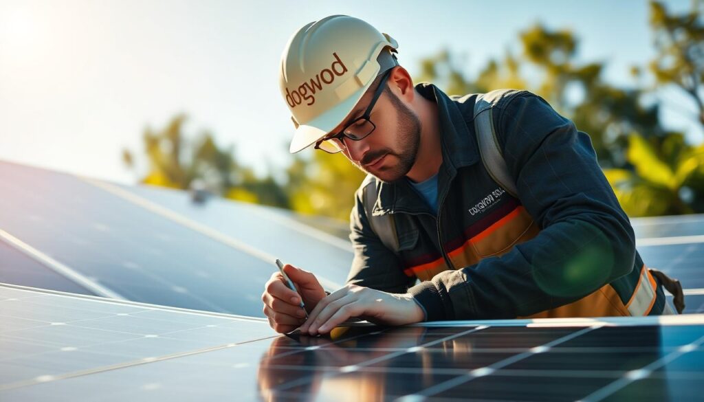 An image of a Dogwood Solar technician inspecting solar panels