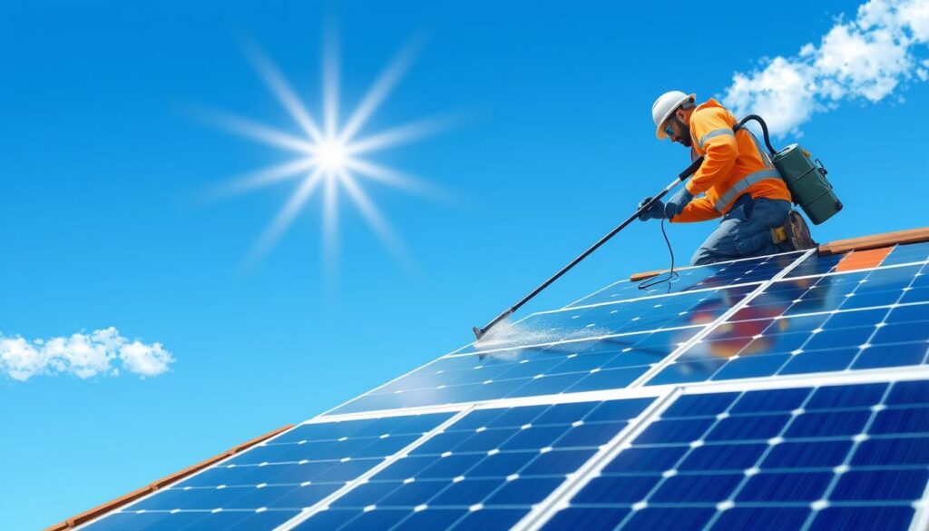 An image of a North Shore Solar Maintenance technician cleaning solar panels