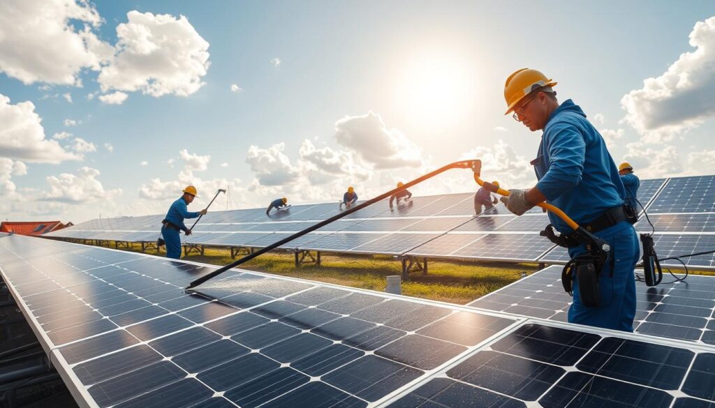 An image of a professional solar panel cleaning process in a sunny, outdoor setting. Foreground shows a person wearing a blue uniform and safety gear using a long-handled squeegee to thoroughly clean the surface of a large, grid-mounted solar panel. The middle ground depicts several additional panels being cleaned by other workers using a variety of specialized tools and equipment. The background showcases a wide, open sky with fluffy white clouds and a bright, golden sun illuminating the scene. The overall atmosphere is one of efficiency, precision and environmental responsibility.