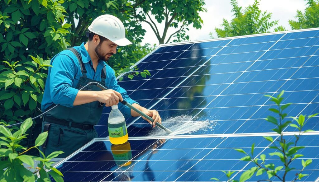 An image of an EcoClean Solar Services technician using eco-friendly cleaning solutions
