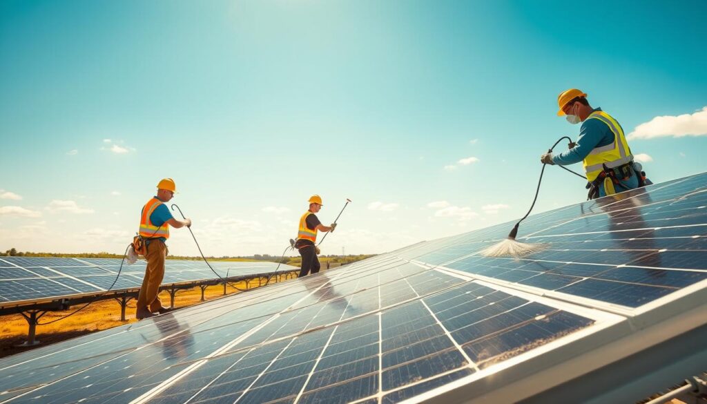 An industrial-looking solar panel array set against a bright, cloudless sky. In the foreground, a team of technicians in safety gear are carefully wiping down the solar panels with specialized cleaning tools, their movements precise and efficient. The middle ground shows the intricate wiring and mounting systems of the solar farm, conveying a sense of technical complexity. In the background, a lush green landscape stretches out, hinting at the environmental benefits of clean, renewable energy. The scene is bathed in warm, golden sunlight, capturing the essence of a professional, high-quality solar panel cleaning service operating in the sunny state of Georgia.