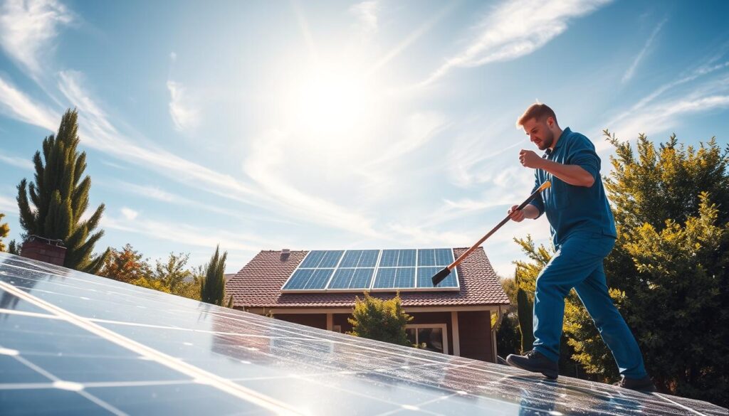 An outdoor scene of a residential home with solar panels being professionally cleaned by a technician. In the foreground, a worker in a blue uniform is using a long-handled brush and squeegee to wipe the solar panels, ensuring maximum sunlight absorption. The middle ground features the home's rooftop with the solar array, surrounded by lush green landscaping. In the background, a clear blue sky with wispy clouds creates a crisp, sunny atmosphere. Warm natural lighting from the sun casts a gentle glow on the scene, highlighting the meticulous cleaning process. The image conveys the benefits of professional solar panel maintenance for maximizing energy efficiency and system performance.