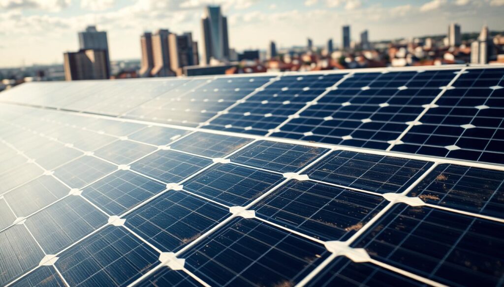 Detailed architectural diagram of a solar panel array, with a clear focus on the cost savings and efficiency benefits of professional cleaning services. The foreground features a close-up view of a solar panel, meticulously cleaned and glistening in warm, natural lighting. The middle ground showcases a full array of solar panels, their surfaces free of dirt and debris, generating maximum power output. The background depicts a Providence, RI cityscape, emphasizing the need for reliable, high-performing solar installations in urban environments. The overall mood is one of technological sophistication, environmental responsibility, and tangible financial benefits for homeowners and businesses.