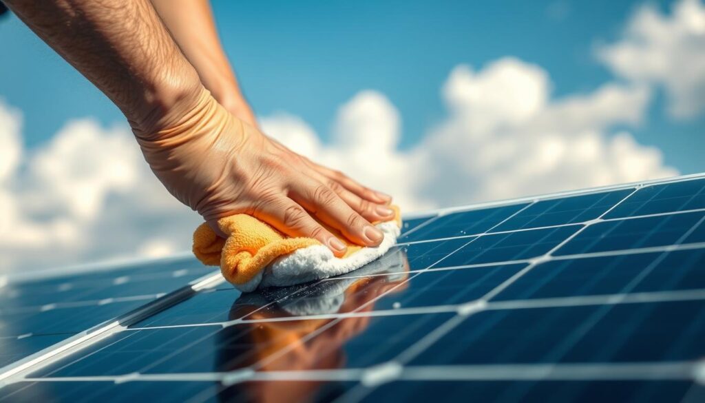 Detailed solar panel maintenance tips: a well-lit, close-up view of a technician carefully cleaning the surface of a solar panel with a soft cloth, highlighting the importance of removing dirt, debris and dust for optimal energy efficiency. The panel is set against a blurred, ethereal background of a blue sky with fluffy white clouds, conveying a sense of renewable, sustainable energy. The image focuses on the technical process, with the technician's hands and tools visible, to educate viewers on proper maintenance procedures between professional cleanings.