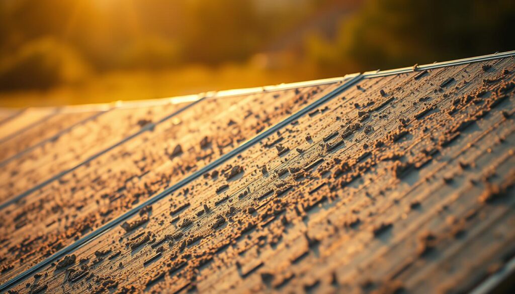 Dirty solar panels covered in dust and grime, their once-gleaming surfaces dulled and obscured. A close-up view, the panels tilted at a slight angle, casting long shadows across their uneven surfaces. Warm, golden sunlight filters through the hazy atmosphere, creating a soft, hazy glow. The panels are positioned against a blurred, out-of-focus background, emphasizing the focus on their deteriorating condition. The overall mood is one of neglect and the impact of environmental factors on renewable energy systems.