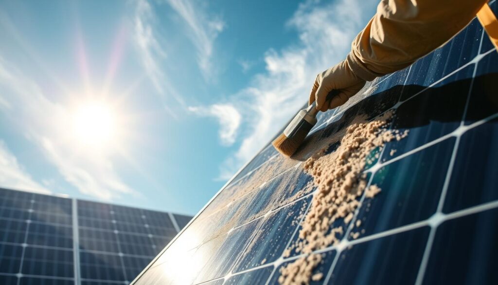 Exterior view of a solar panel array, partially obscured by accumulated dirt and dust. Bright, high-angle sunlight casts long shadows, highlighting the textured surface of the panels. In the foreground, a worker is using a specialized brush on one panel, cleaning away the grime to restore its shiny, reflective surface. The background features a clear blue sky with wispy clouds, conveying a sense of a sunny, warm day. The lighting and angles emphasize the before-and-after contrast, visually demonstrating the impact of dirty panels on energy production.