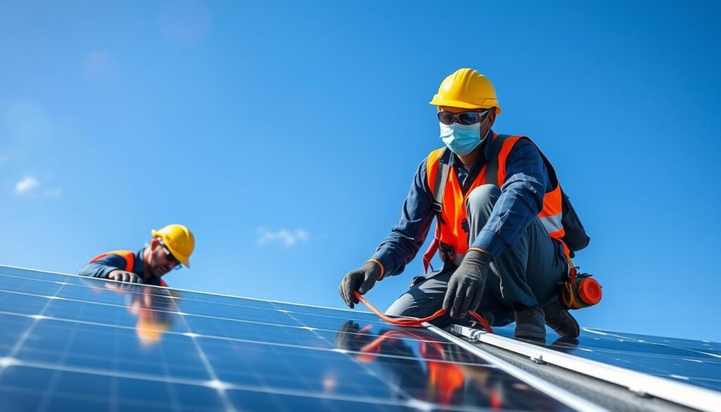 Generate an image of Baton Rouge Solar Maintenance technicians performing maintenance on solar panels.