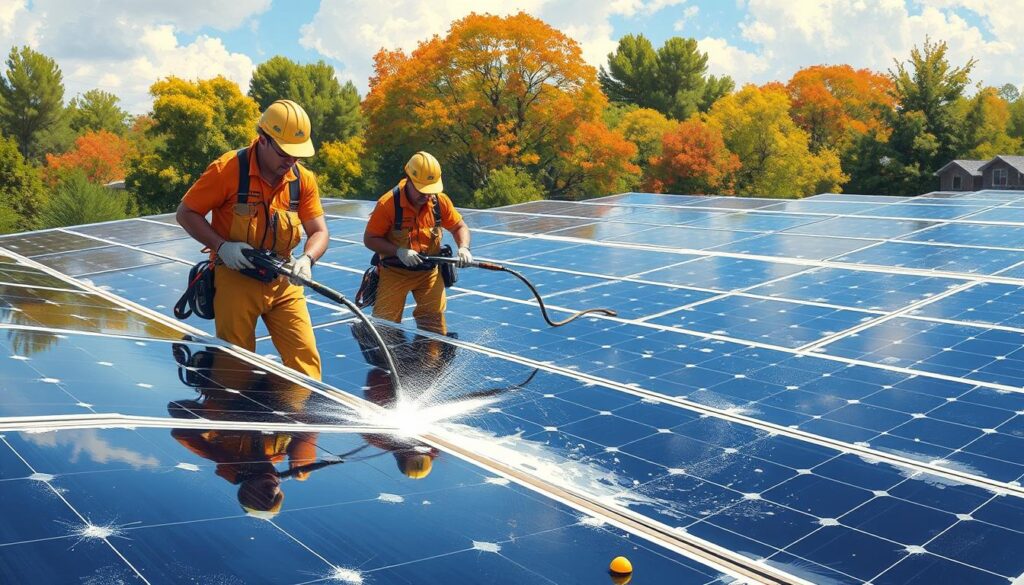 Generate an image of Cajun Solar Cleaning technicians cleaning solar panels with specialized equipment.