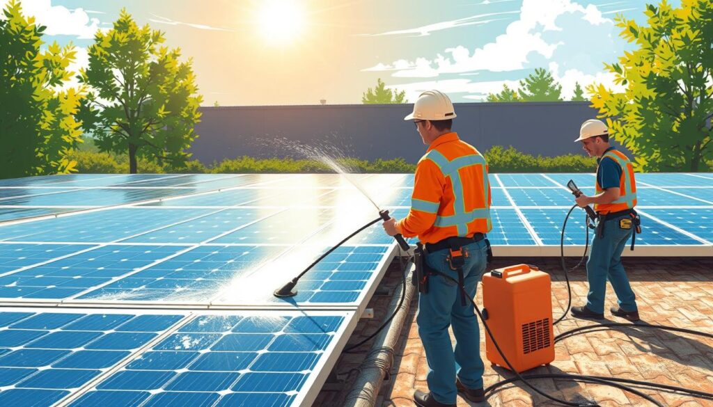 Generate an image of Castle Window Cleaning and Power Washing's team cleaning solar panels.