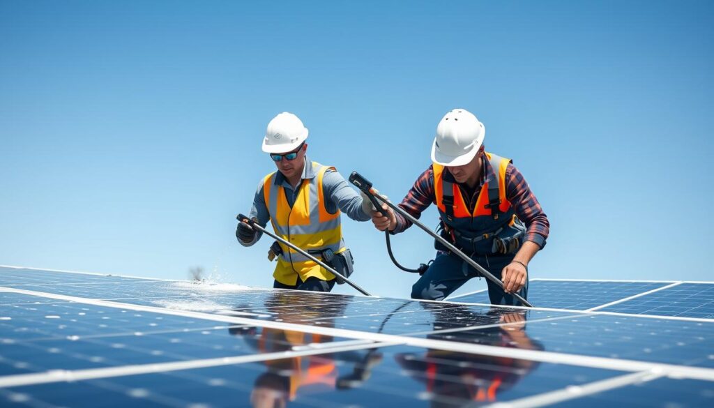 Generate an image of Clean Energy Pros' technicians cleaning solar panels.