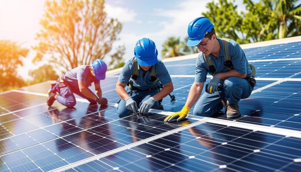 Generate an image of Clear View Cleaners' team servicing a solar panel system.