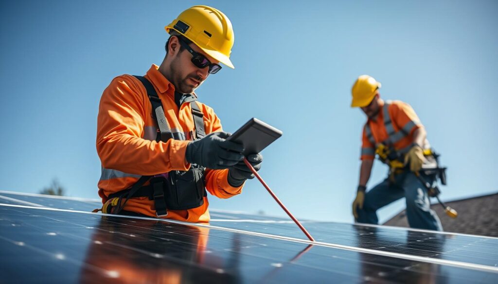 Generate an image of Eugene Solar Maintenance Experts inspecting solar panels.