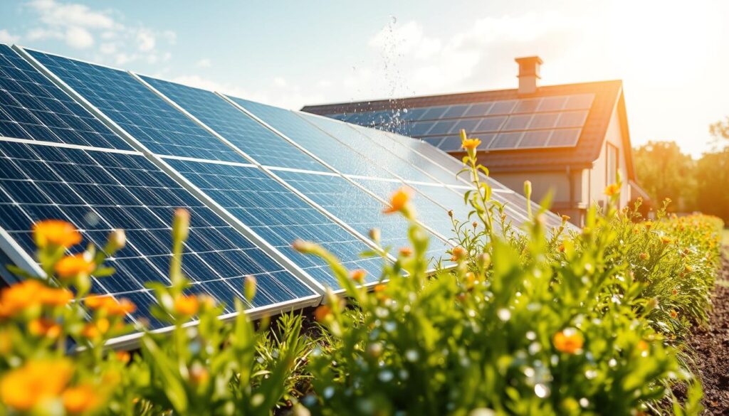 Generate an image of Green Clean Solar Solutions using rainwater harvesting systems for solar panel cleaning.
