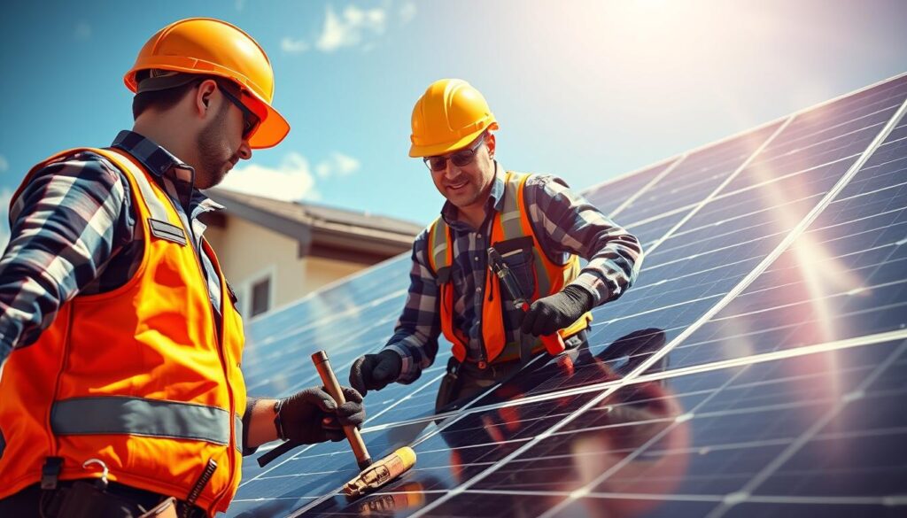 Generate an image of Kentucky Solar Maintenance technicians working on a residential solar panel system.