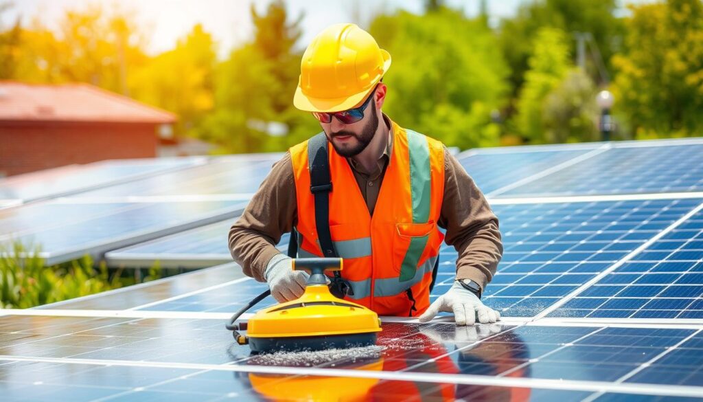 Generate an image of Louisville Clean Energy technicians cleaning solar panels with eco-friendly equipment.