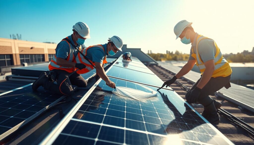 Generate an image of Lynn Solar Solutions technicians cleaning solar panels on a commercial property in Lynn, MA.