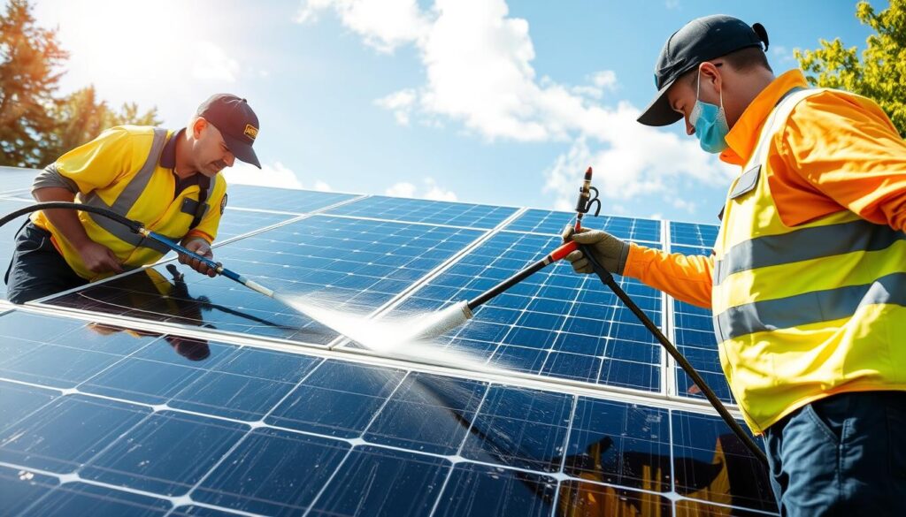 Generate an image of Revive Washing Pros technicians washing solar panels in Eugene.