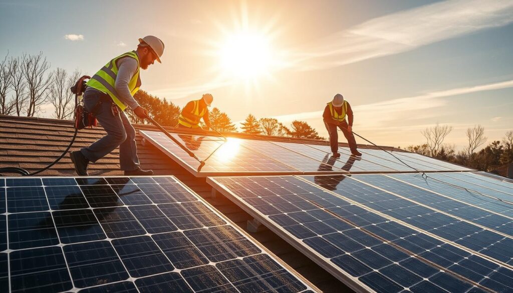 Generate an image of Roof Cleaners RI team cleaning solar panels on a roof in Johnston, Rhode Island.