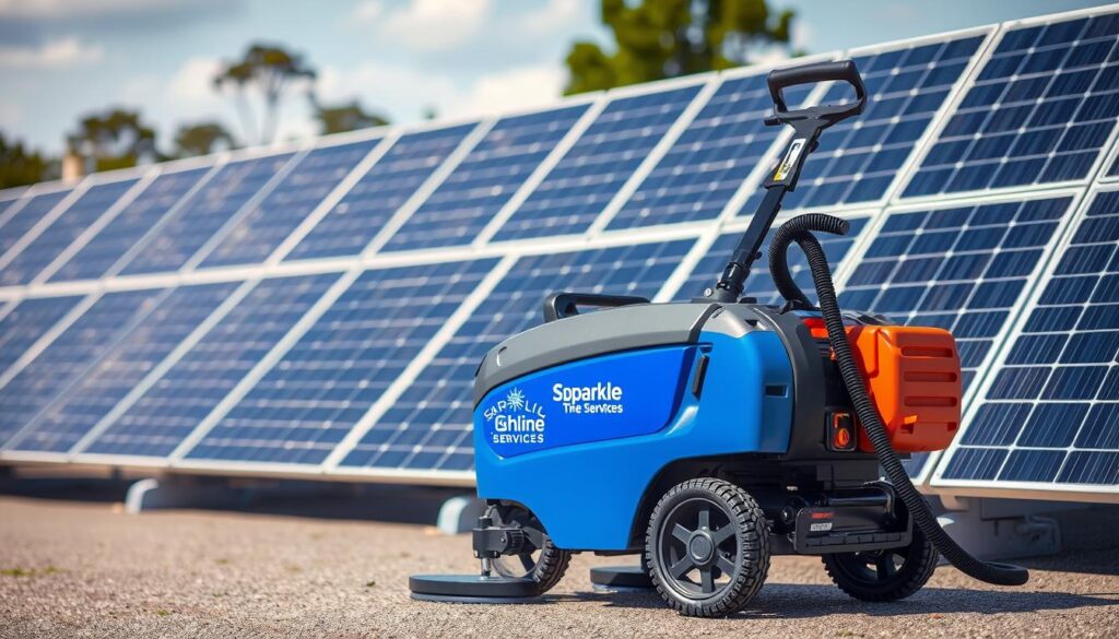 Generate an image of Sparkle & Shine Services' cleaning equipment designed for solar panels.