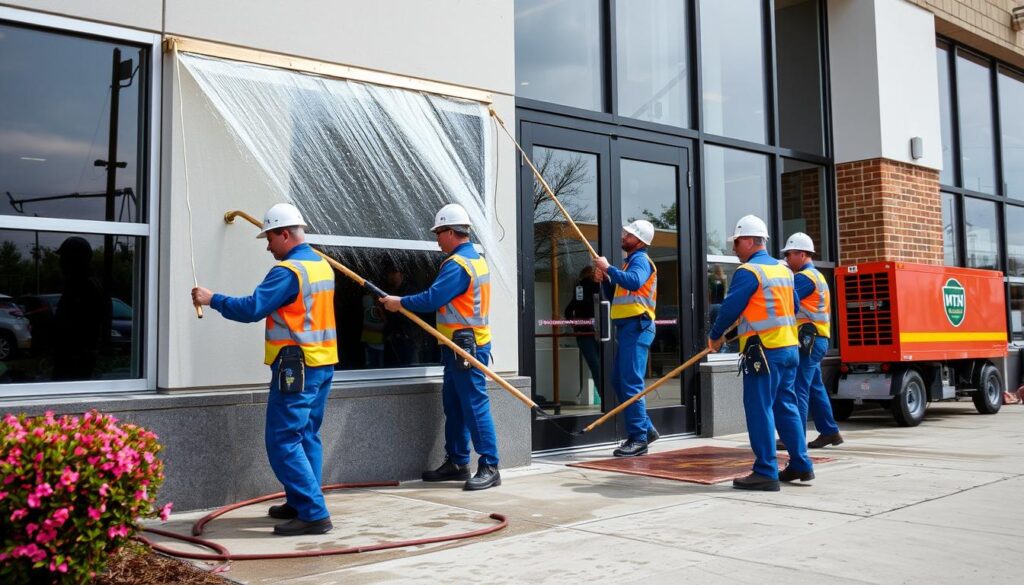 Generate an image of Squeegee Squad MTH Alabama's team cleaning a commercial property.