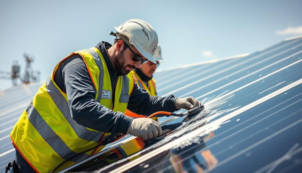 Generate an image of SunPro Cleaning Services' technicians inspecting and cleaning solar panels.