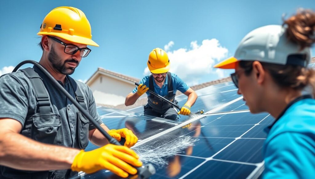 Generate an image of Sunshine Cleaners Montgomery's team cleaning residential solar panels.
