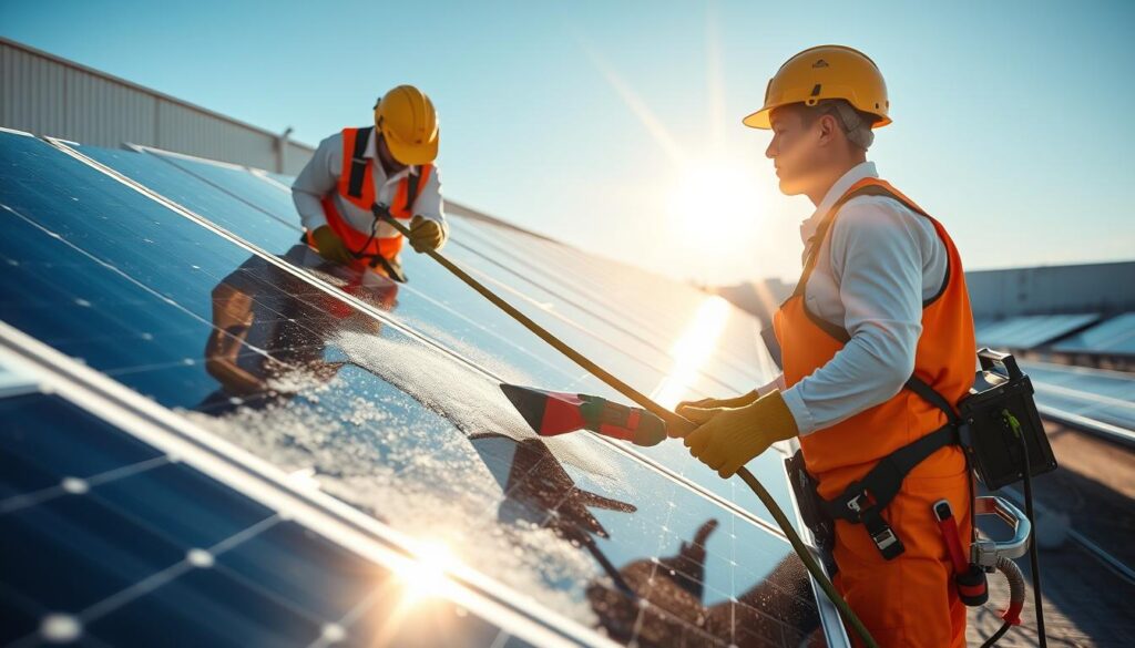 Generate an image of Sunshine Solar Maintenance technicians cleaning a large commercial solar array.