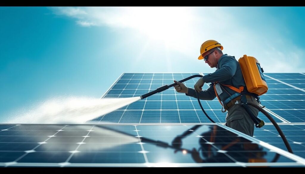 Generate an image of The PowerWash Guys' technicians cleaning solar panels with power-washing equipment.