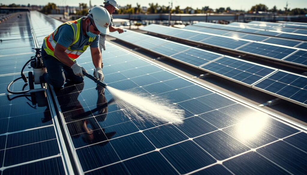 Generate an image of United Pressure Pros LLC technicians cleaning commercial solar panels.