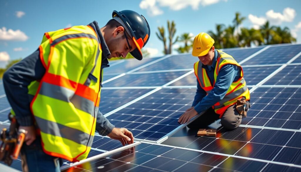 Generate an image of Window Gang of Louisville technicians servicing a commercial solar panel installation.
