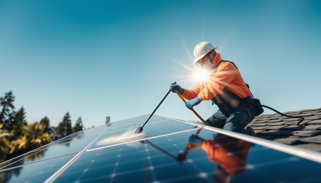 Generate an image of a Bright Solar Panel Cleaning technician cleaning solar panels in Eugene, OR.