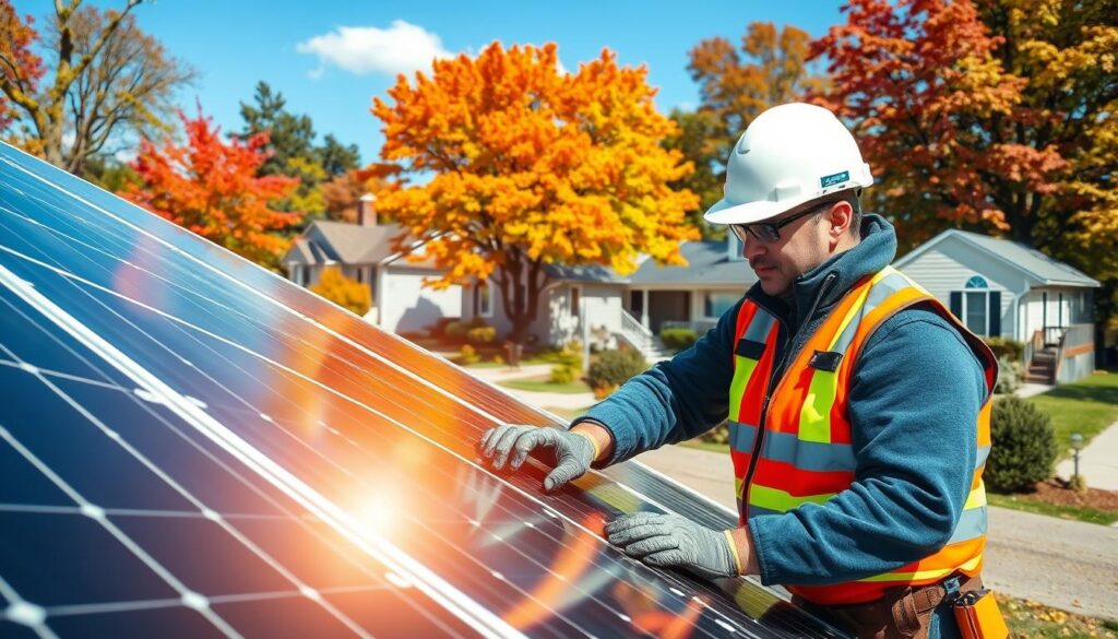 Generate an image of a Brightway Energy technician performing maintenance on solar panels in a residential neighborhood in Fall River, MA.