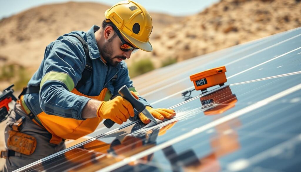 Generate an image of a Desert Sun Solar Solutions technician cleaning solar panels with a focus on their comprehensive approach to solar system maintenance.