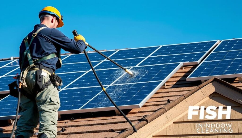 Generate an image of a FISH Window Cleaning technician cleaning solar panels on a residential roof in Independence, MO.