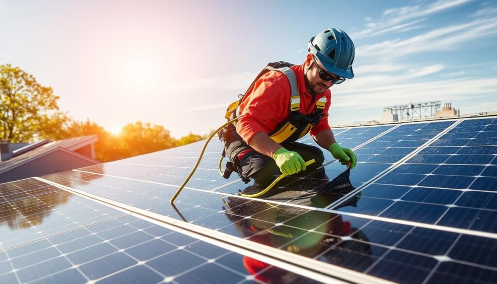 Generate an image of a HiCleaners team member cleaning solar panels on a residential roof in Quincy, MA.